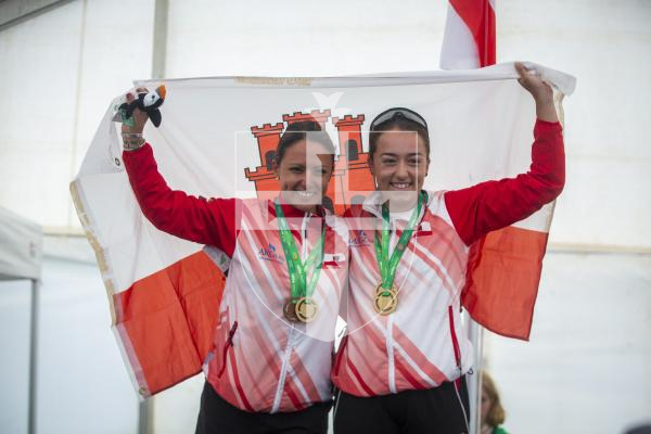 Picture by Luke Le Prevost. 14-07-23.
Island Games 2023 - Cycling Criterium Medal Ceremony at Crown Pier. Women's Team. Gold medalists Elaine Pratts and Olivia Lett (Gibraltar)