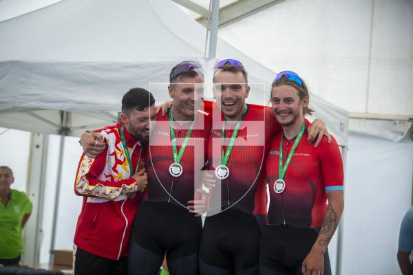 Picture by Luke Le Prevost. 14-07-23.
Island Games 2023 - Cycling Criterium Medal Ceremony at Crown Pier. Men's team. Silver medalists Isle of Man