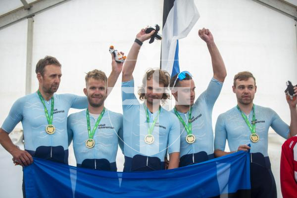 Picture by Luke Le Prevost. 14-07-23.
Island Games 2023 - Cycling Criterium Medal Ceremony at Crown Pier. Men's team. Gold medalists Saaremaa