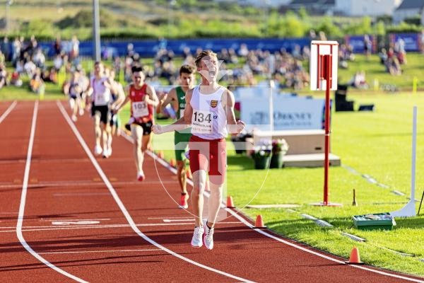 Picture by Sophie Rabey.  15-07-25.  ISLAND GAMES 2025 in Orkney.  
Athletics - Mens 1500m.
Ted Chamberlain from Jersey won Gold.