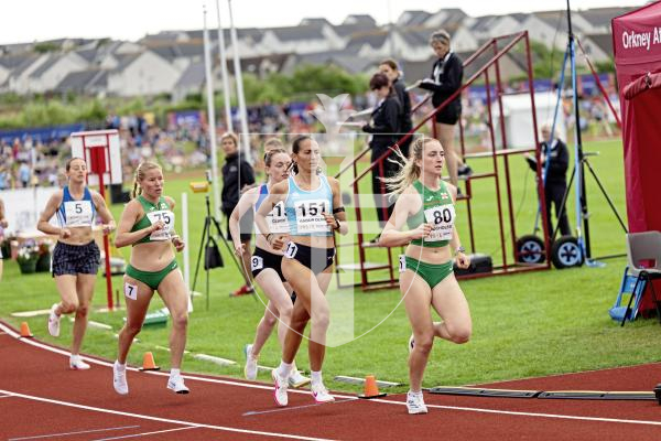 Picture by Sophie Rabey.  16-07-25.  ISLAND GAMES 2025 in Orkney.  
5000m Women - Eloise Scholes and Nicole Petit raced for Guernsey and Emma Etheredge for Alderney.