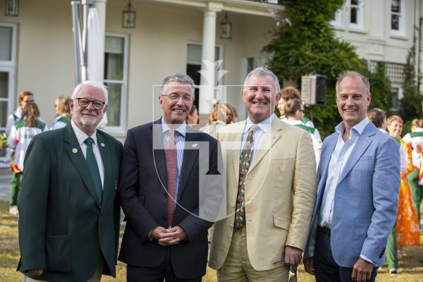 Picture by Luke Le Prevost. 20-07-23.Vin d'Honneur at Government House - Island Games Guernsey 2023 athletes, organisers and volunteers gathered to celebrate their achievements.  L-R Brian Allen, GIGA chairman, The Bailiff Sir Richard McMahon, Lt Governor Richard Cripwell and a representative from Utmost International