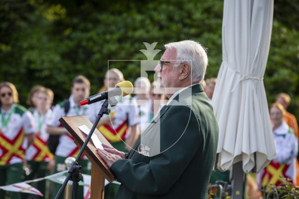 Picture by Luke Le Prevost. 20-07-23.Vin d'Honneur at Government House - Island Games Guernsey 2023 athletes, organisers and volunteers gathered to celebrate their achievements. Brian Allen, GIGA chairman