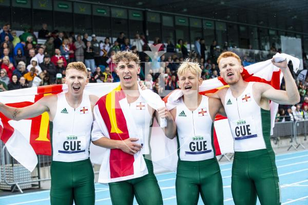 Picture By Peter Frankland. 14-07-23 Guernsey International Island Games 2023. Footes Lane - Athletics. 4x400m relay. L-R - Cameron Chalmers, Peter Curtis, Josh Duke and Alastair Chalmers.