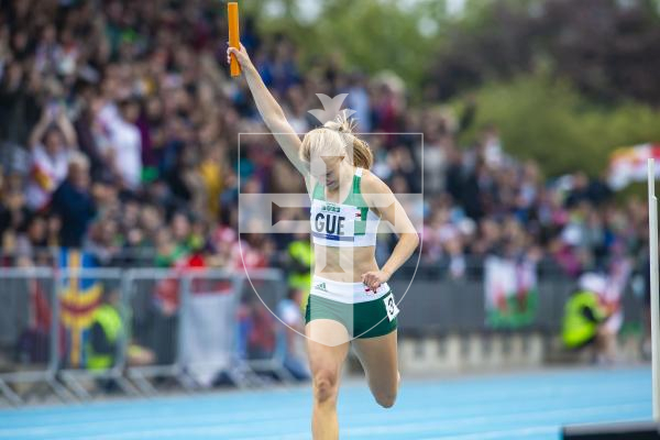 Picture By Peter Frankland. 14-07-23 Guernsey International Island Games 2023. Footes Lane - Athletics. Abi Galpin celebrates at the end of the 4x400m relay.