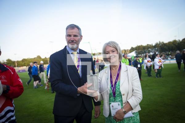 Picture By Peter Frankland. 14-07-23 Guernsey International Island Games 2023. Closing Ceremony at Footes Lane. Dame Mary Perkins and Gordon Deans chair of Orkney IG organising committee.