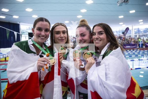 Picture By Peter Frankland. 13-07-23 Guernsey NatWest International Island Games 2023. Swimming Day Four. L-R - Ailish Rabey, Laura Le Cras, Tatiana Tostevin and Orla Rabey.