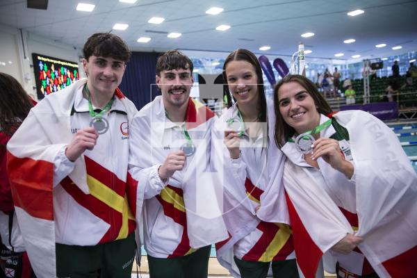 Picture By Peter Frankland. 13-07-23 Guernsey NatWest International Island Games 2023. Swimming Day Four. L-R - Ronnie Hallett, Charlie-Joe Hallett, Hannah Jones and Orla Rabey.
