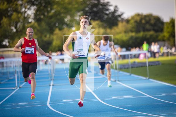 Picture by Sophie Rabey.  13-07-23.  
Guernsey 2023 NatWest International Island Games - Athletics Action at Footes Lane.
110m Hurdles Mens Final.
Peter Curtis (Guernsey) BRONZE
