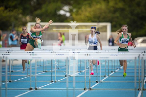 Picture by Sophie Rabey.  13-07-23.  
Guernsey 2023 NatWest International Island Games - Athletics Action at Footes Lane.
110m Hurdles Womens Final.
Rhiannon Dowinton (Guernsey) GOLD