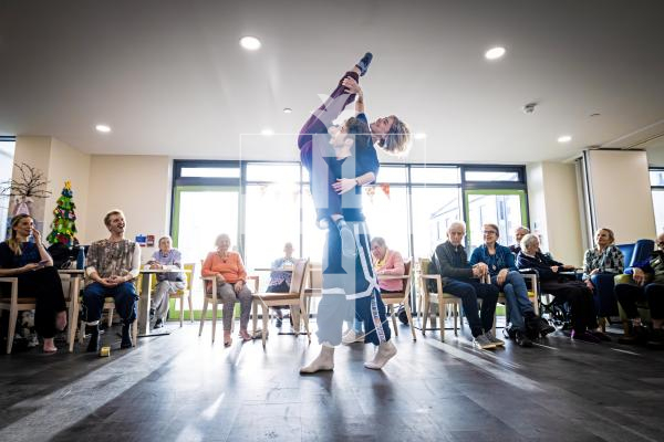 Picture by Peter Frankland. 19-12-25 Jersey Ballet troupe Ballet D'Jerri have been in the island to give two performances at the PRCPA but were today at Le Platon to do workshops with the residents there. Dancers Ombline Noyer and Donovan Delis-McCarthy.