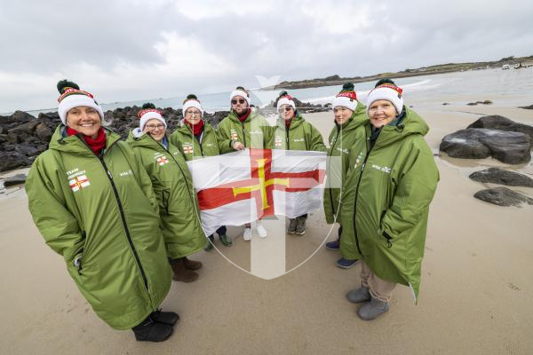 Picture by Sophie Rabey.  01-02-26.  The Bluetits swimming group are attending the Winter Swimming World Championship in Oulu, Finland at the start of March this year.  
L-R Marina Burr, Janine Le Cras, Yvonne Elliott, Luke Bihet, Lisa Lorier, Jackie Fallaize and Jayne Evans.
BTSG
