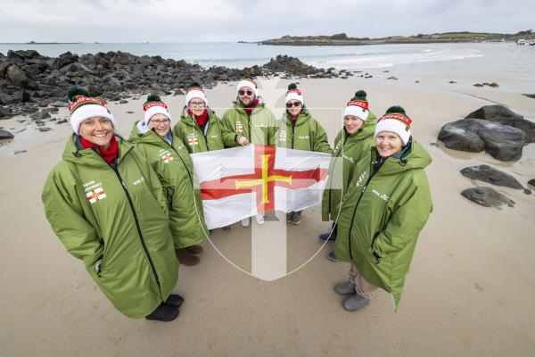 Picture by Sophie Rabey.  01-02-26.  The Bluetits swimming group are attending the Winter Swimming World Championship in Oulu, Finland at the start of March this year.  
L-R Marina Burr, Janine Le Cras, Yvonne Elliott, Luke Bihet, Lisa Lorier, Jackie Fallaize and Jayne Evans.
BTSG