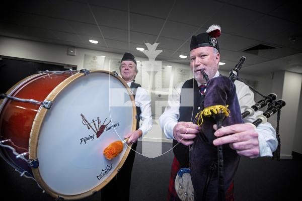 Picture by Peter Frankland. 24-01-24 Guernsey Scottish Association Burns Night Celebrations. 200 people are attending this event at Beau Sejour. L-R - Alan Stevens and Kevin McLagan were part of the Piping Guernsey band.