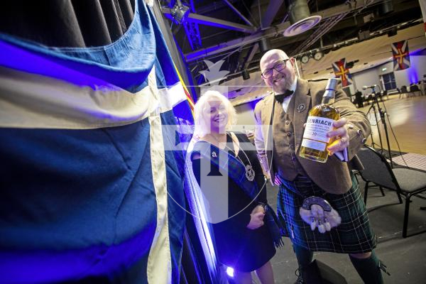 Picture by Peter Frankland. 24-01-24 Guernsey Scottish Association Burns Night Celebrations. 200 people are attending this event at Beau Sejour. Gill Mabbett, President and David McGall, Vice President.