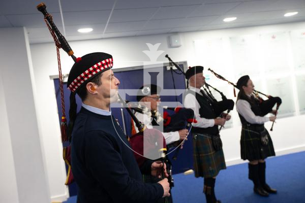 Picture by Tom Videlo. 27-01-24 The Guernsey Pipers play at the 2024 Burns Night Supper at Beau Sejour.