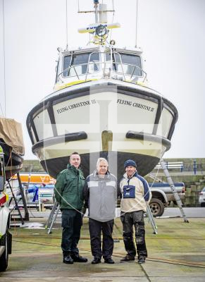 Picture by Peter Frankland. 29-01-24 Peter Rutsch is going to build a scale model of the Flying Christine III for the 30th anniversary of the boat. L-R - Mark Mapp, Chief Ambulance Officer, Peter Rutsch and Gary Ward, Volunteer Marine Operations Manager.