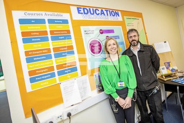 Picture by Sophie Rabey.  29-01-24.  Feature on Education in Guernsey Prison.
L-R Education Manager Rachel Kaufman and Prison Officer of Regimes Matt Chick infront of the education board.