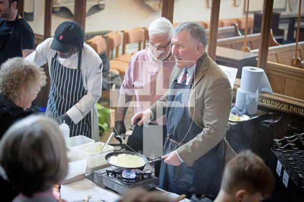 Picture by Peter Frankland. 13-02-24 Town Church - Cheshire Home fundraising pancake day event. Lt Gov Richard Cripwell came along and had a go at flipping a pancake.