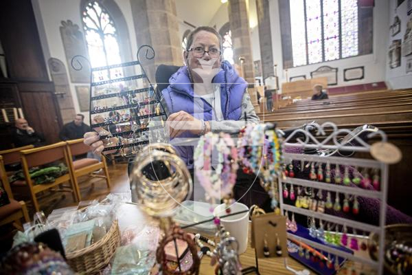 Picture by Peter Frankland. 13-02-24 Town Church - Cheshire Home fundraising pancake day event. Julie Broome makes all her own jewellery and sells is to raise money for the charity.