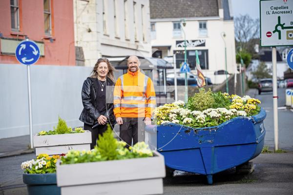 Picture by Peter Frankland. 13-02-24 Bernie Coutu has been leading a campaign to tidy up the Bridge and has arranged for planters to be installed. With Darren Lilley of States Works.