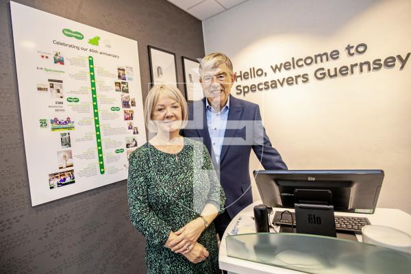 Picture by Sophie Rabey.  14-02-24.  Today marks Dame Mary Perkins 80th birthday and the 40th anniversary of the first Specsavers store.
The Specsavers Store in St Peter Port Town - Doug and Mary Perkins unveiled a new plaque.