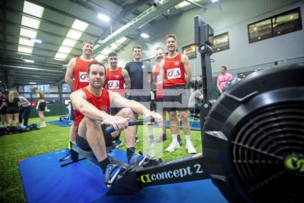 Picture by Peter Frankland. 25-02-24 MS Rowathon at Aztech Centre. Guernsey Fire and Rescue L-R - Oliver Patch, Kerrin Batiste, Pierre Mahy, Ben Moon-Batiste and Kyle Fossey. Seated is Jason James.