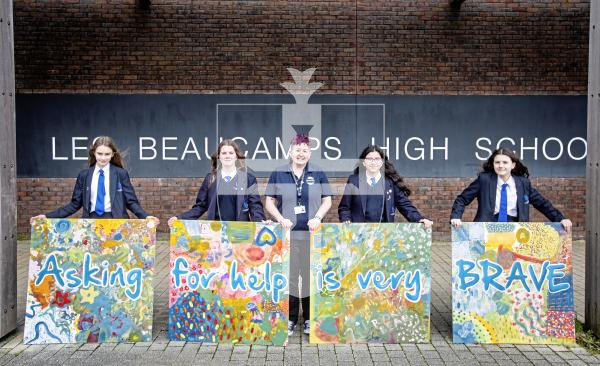 Picture by Peter Frankland. 26-02-24 Beaucamp School Friday Art Group have been painting signs to promote good mental health which will be displayed at the L'Eree Bay Hotel.
L-R - Lilah Armsden, 13, Josie Young, 12, Sian Jones, Yara Goncalves, 12 and Evelyn Prigent, 12.