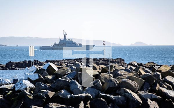 Picture by Peter Frankland. 05-03-24 Navy ship off St. peter Port. HMS Severn.