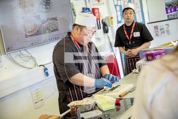Picture by Sophie Rabey.  04-06-24.   Year 10 students at St Sampsons High School had professional chefs come in and teach them how to cook Japanese food, Chicken Fried Rice and Sushi.
Chef Tom Chin.