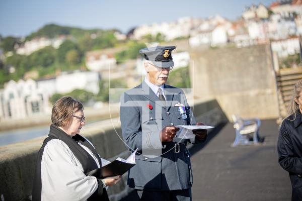 Picture by Sophie Rabey.  05-06-24.  Memorial Service at Castle Emplacement in memory of Flight-Lieutenant John Saville, whose plane crashed in Havelet Bay on 5 June 1944.  He was the leader of Typhoons from 439 Squadron of the Royal Canadian Air Force.
Vice Dean, Reverend Penny Graysmith lead the service.
Syd Bowsher read out 439 Squadron Logs.