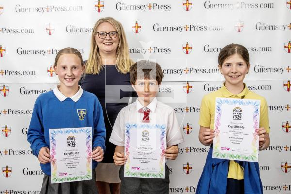 Picture by Peter Frankland.  18-06-24.  Guernsey Press Design An Ad 2024 at St Pierre Park.  
Butterfield - Sponsor, Emily Edwards, Students, L-R Sophia-Mae Yeates (3rd), Adam Cockcroft (2nd), Rosie Mauger (1st).