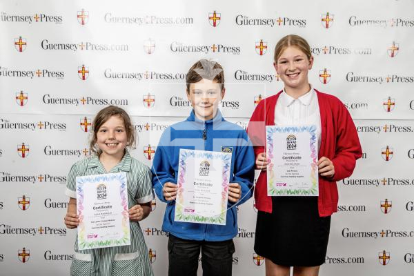Picture by Peter Frankland.  18-06-24.  Guernsey Press Design An Ad 2024 at St Pierre Park.  
Guernsey Building Supplies - Sponsor, N/A, Students L-R Grace Battaglia (3rd), Max Brouard (2nd), Scarlett Jager (1st).