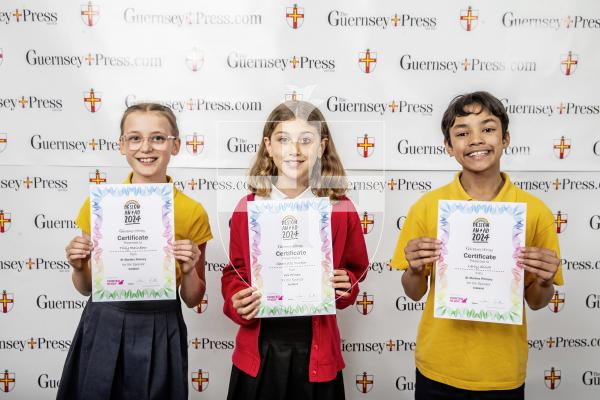 Picture by Peter Frankland.  18-06-24.  Guernsey Press Design An Ad 2024 at St Pierre Park.  
Iceland - Sponsor, N/A, Students L-R Tilly Rainbow (3rd), Charlotte Tucker (2nd), Leroy Silva (1st).