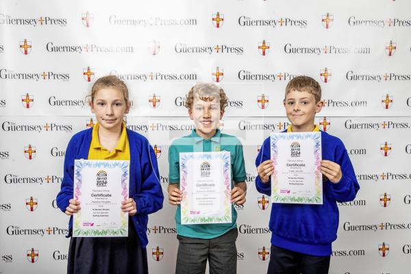 Picture by Peter Frankland.  18-06-24.  Guernsey Press Design An Ad 2024 at St Pierre Park.  
Karting Guernsey - Sponsor, N/A, Students L-R Amelia Hughes (3rd), Solomon Bearder (2nd), Noah Smith (1st).