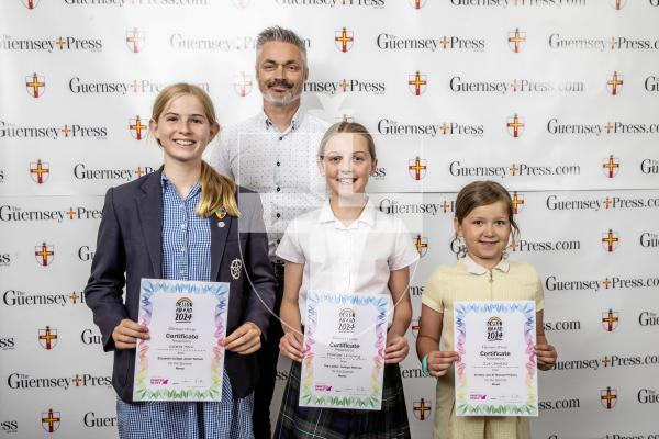 Picture by Peter Frankland.  18-06-24.  Guernsey Press Design An Ad 2024 at St Pierre Park.  
Ronez - Sponsor, Andy Digard, Students L-R Caletta Hern (3rd), Penelope Le Noury (2nd), Zoe Langlois (1st).
