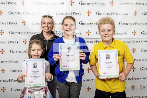 Picture by Peter Frankland.  18-06-24.  Guernsey Press Design An Ad 2024 at St Pierre Park.  
Specsavers - Sponsor, Amy O’brien, Students L-R April Moore (3rd), Maisy Rich (2nd), Alex Lilley (1st).