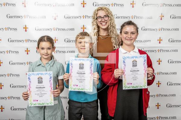 Picture by Peter Frankland.  18-06-24.  Guernsey Press Design An Ad 2024 at St Pierre Park.  
Swoffers - Sponsor, Katrina Krause, Students L-R Florence Lewis (3rd), Ollie Lowe (2nd), Aria Willers (1st).