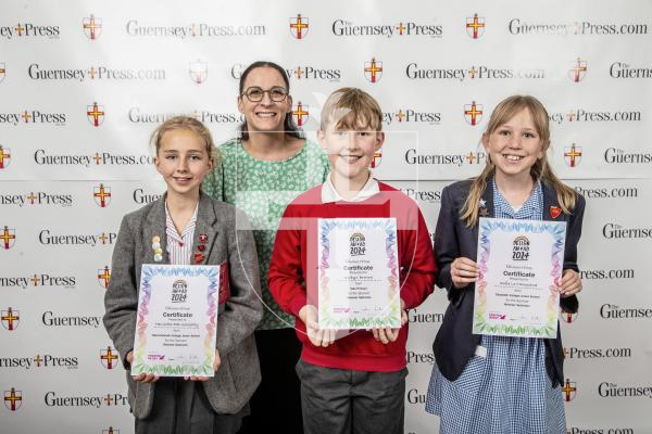 Picture by Peter Frankland.  18-06-24.  Guernsey Press Design An Ad 2024 at St Pierre Park.  
Webster Opticians - Sarah Burchett, Students L-R Henrietta Ede-Golightly (3rd), Korbyn Browne (2nd), Sofie Le Marquand (1st).