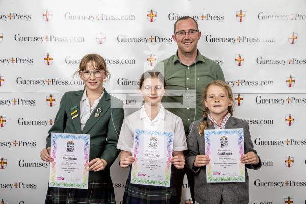 Picture by Peter Frankland.  18-06-24.  Guernsey Press Design An Ad 2024 at St Pierre Park.  
YIP - Sponsor, Sean Gillease, Students L-R Jennifer Burchett (3rd), Zoe Bacon (2nd), Tilly Beavan (1st).