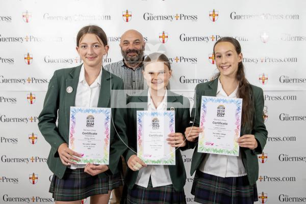Picture by Peter Frankland.  19-06-24.  Guernsey Press Design An Ad 2024 at St Pierre Park. 
AFM - Sponsor, Vincent Smith, Students L-R Holly Sarre (3rd), Lily Ward (2nd), Lottie Colmer (1st).