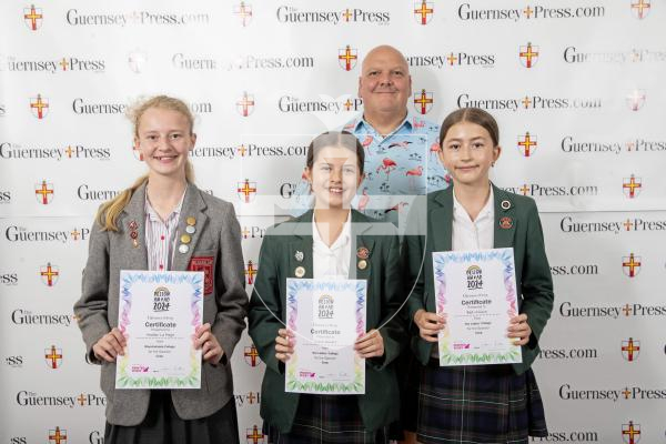 Picture by Peter Frankland.  19-06-24.  Guernsey Press Design An Ad 2024 at St Pierre Park. 
Coop - Sponsor, Paul Gontier, Students L-R Amber Le Page (3rd), Zara Smart (2nd), Bea Wilson (1st).