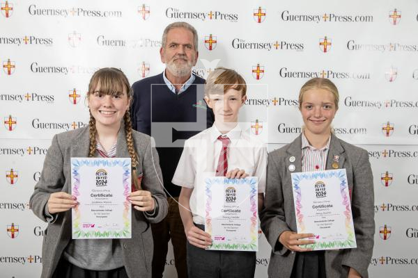 Picture by Peter Frankland.  19-06-24.  Guernsey Press Design An Ad 2024 at St Pierre Park. 
Ferry Speed - Sponsor, Nick Falla, Students L-R Siobhan Plevin (3rd), Emery Hodder (2nd), Amy Smith (1st)