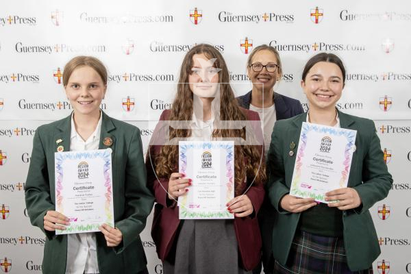 Picture by Peter Frankland.  19-06-24.  Guernsey Press Design An Ad 2024 at St Pierre Park. 
Focus HR Solutions - Sponsor, Becky Machon, Students L-R Amelia Fooks (3rd), Sasha McCall (2nd), Isamara Fernandes (1st).