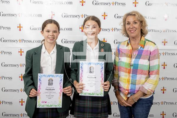 Picture by Peter Frankland.  19-06-24.  Guernsey Press Design An Ad 2024 at St Pierre Park. 
GSCCA - Sponsor, Becky Machon, Students L-R Macie Trebert-Pond (3rd), Bea Wilson (2nd).