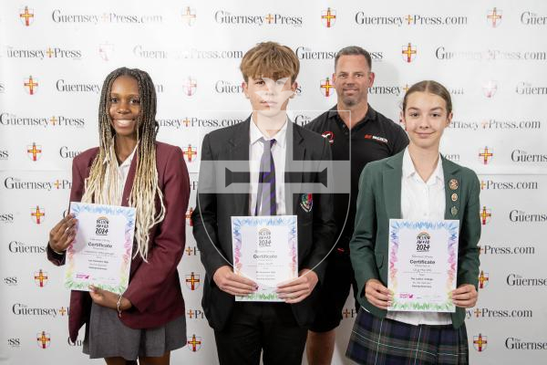 Picture by Peter Frankland.  19-06-24.  Guernsey Press Design An Ad 2024 at St Pierre Park. 
Karting Guernsey - Sponsor, Matt Ford, Students L-R Namhia Manyonga (3rd), Sam Scott (2nd), Lily Hurrell (1st).