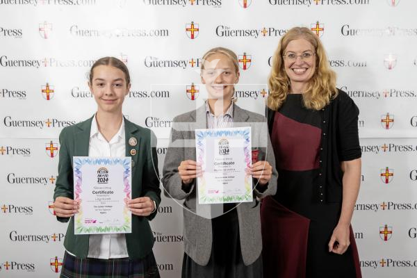 Picture by Peter Frankland.  19-06-24.  Guernsey Press Design An Ad 2024 at St Pierre Park. 
Ogiers - Sponsor, Sande Lyne, Students L-R Lily Hurrell (3rd), Phoebe Harradine (2nd).