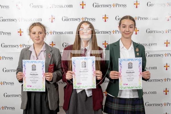Picture by Peter Frankland.  19-06-24.  Guernsey Press Design An Ad 2024 at St Pierre Park. 
Ray & Scott - Sponsor, N/A, Students L-R Scarlett Stanford (3rd), Victoria Jackson (2nd), Lily Hurrell (1st).