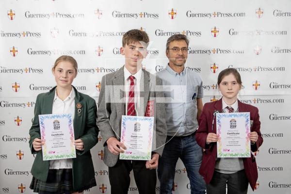 Picture by Peter Frankland.  19-06-24.  Guernsey Press Design An Ad 2024 at St Pierre Park. 
RC Ashplant Construction - Sponsor, Richard Ashplant, Students L-R Indi Donnelly (3rd), Alexander Liddly (2nd), Madison Coquelin (1st)