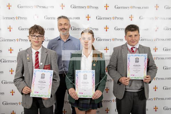 Picture by Peter Frankland.  19-06-24.  Guernsey Press Design An Ad 2024 at St Pierre Park. 
Ronez - Andy Digard, Students L-R Robin Sharman (3rd), Bella Josling (2nd), Owen Le Noury (1st).